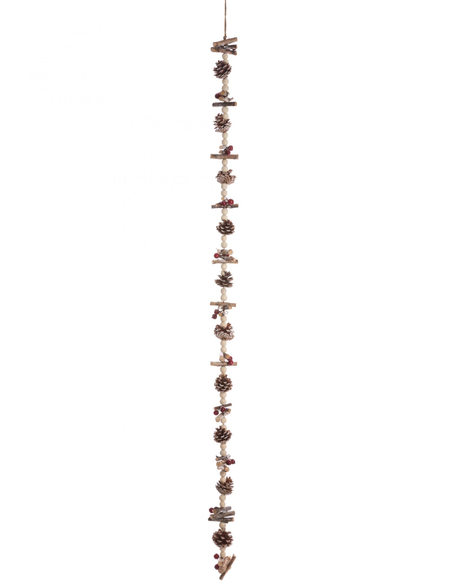 Guirlande de perles bois et pommes de pin décoration nature marron et beige avec baies rouges