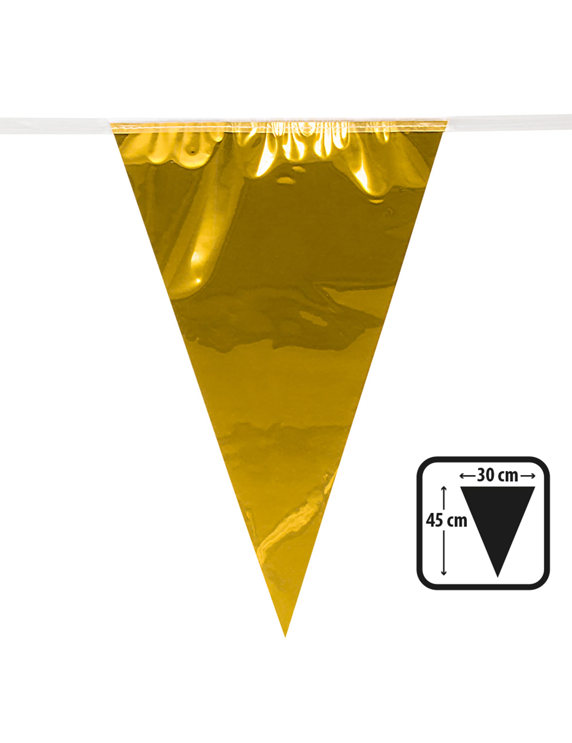 Détail des dimensions d'un fanion de la guirlande à fanions géants dorés pour fête