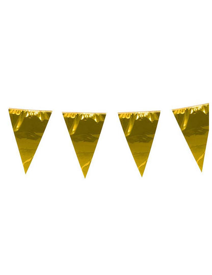 Détail des dimensions d'un fanion de la guirlande à fanions géants dorés pour fête