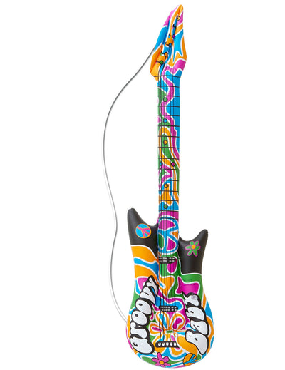Guitare gonflable hippie multicolore aux motifs psychédéliques avec inscription Groovy Baby
