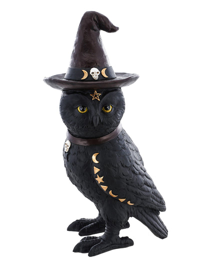 Hibou de sorcier occulte pour décoration noir avec chapeau pointu et symboles dorés