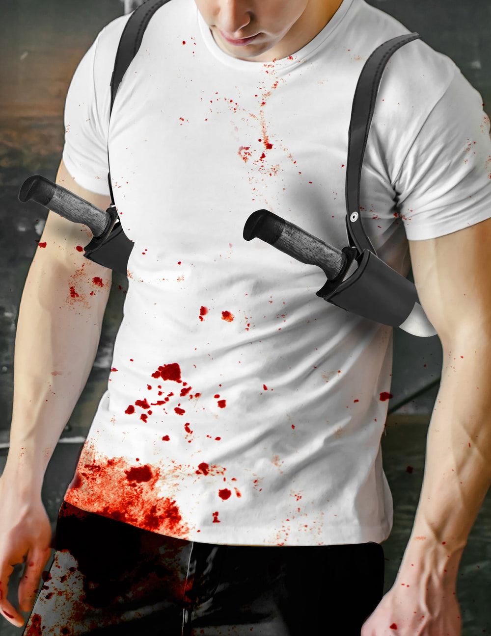 Vue de face du holster avec 2 couteaux