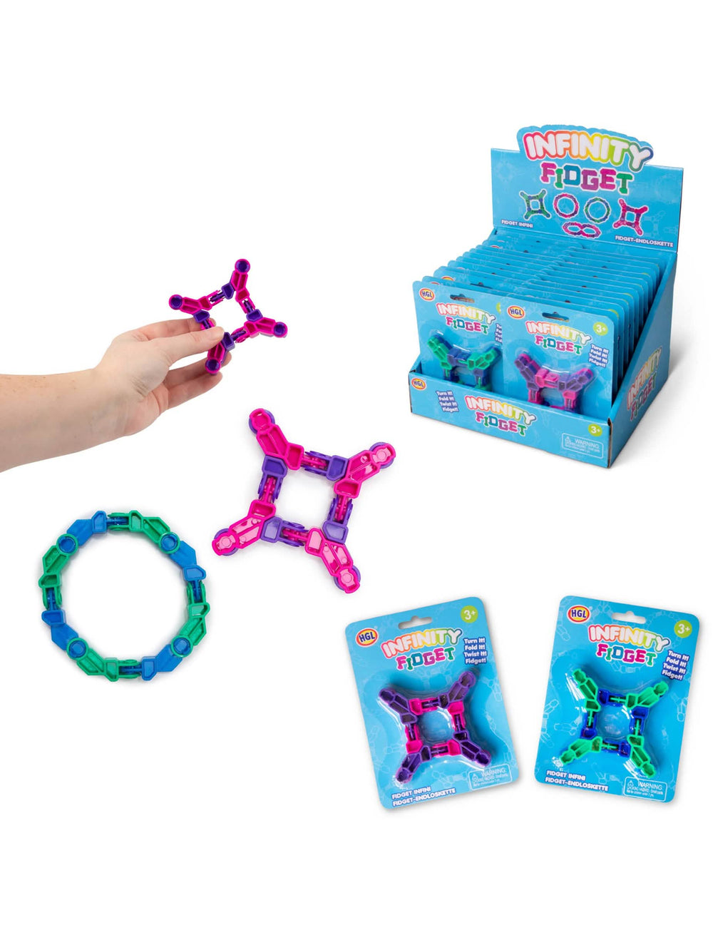 Артикулирана играчка Infinity Fidget за дете многоцветно розов син и зелен с поставка