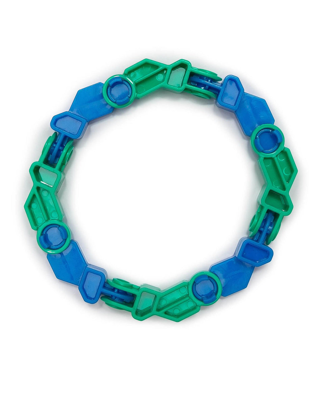 Кръгов изглед на артикулираната играчка Infinity Fidget син и зелен
