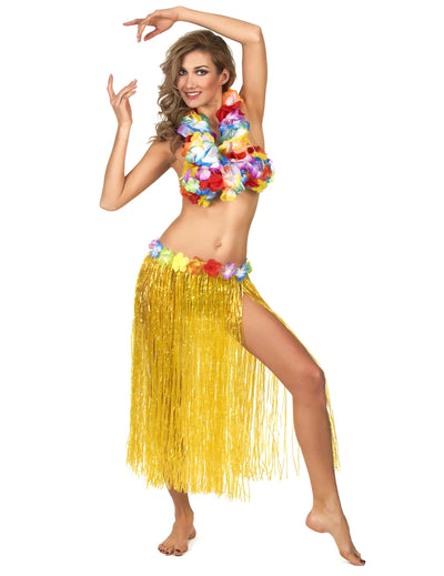 Jupe hawaïenne longue pour adulte jaune avec fleurs multicolores