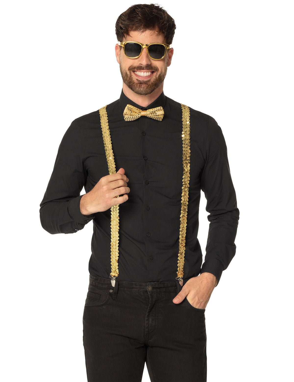 Vue de face avec lunettes du kit accessoires à sequins dorés