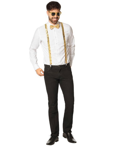 Kit accessoires à sequins dorés pour adulte avec bretelles et nœud papillon