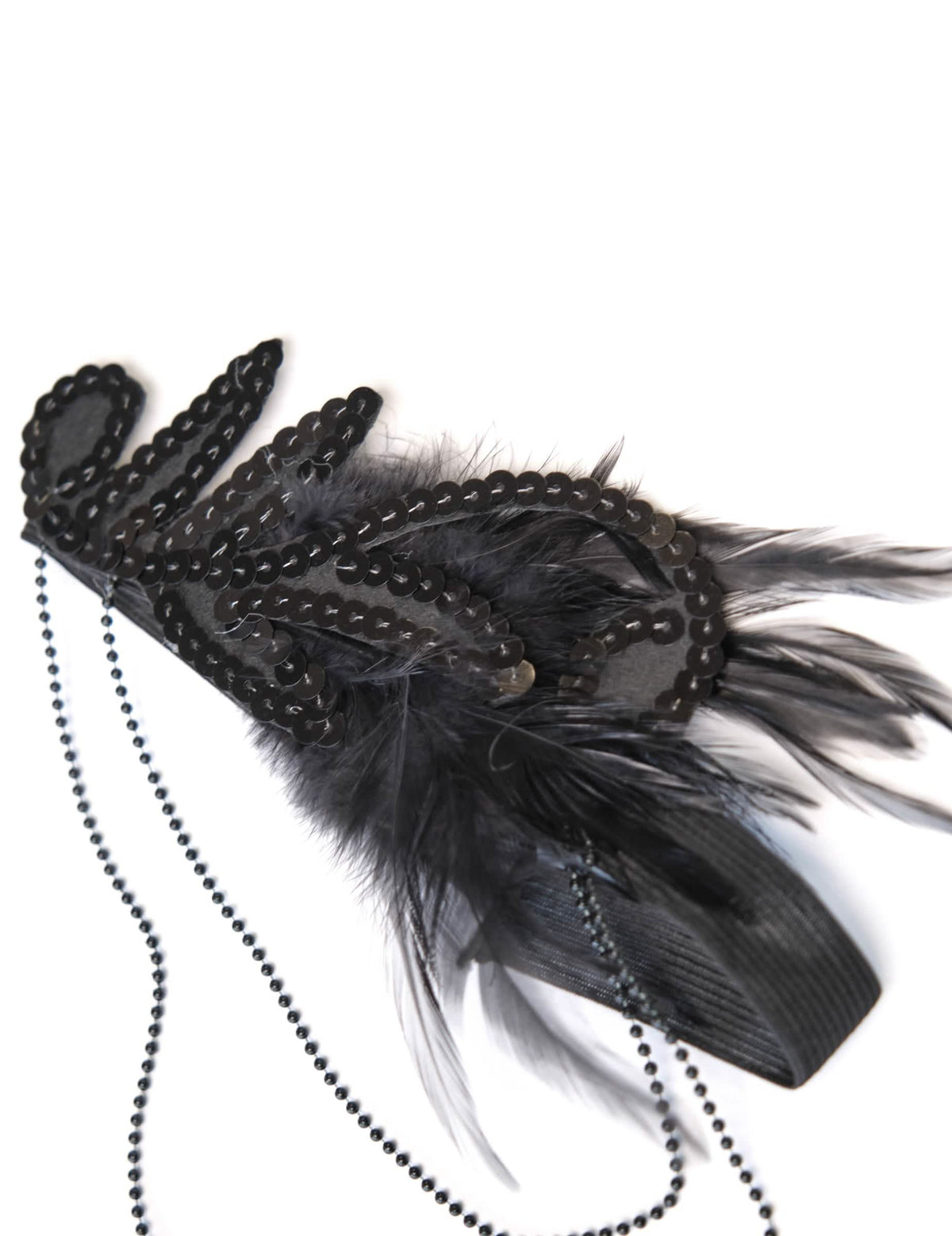 Détail du bandeau à plumes et sequins du kit accessoires années 20