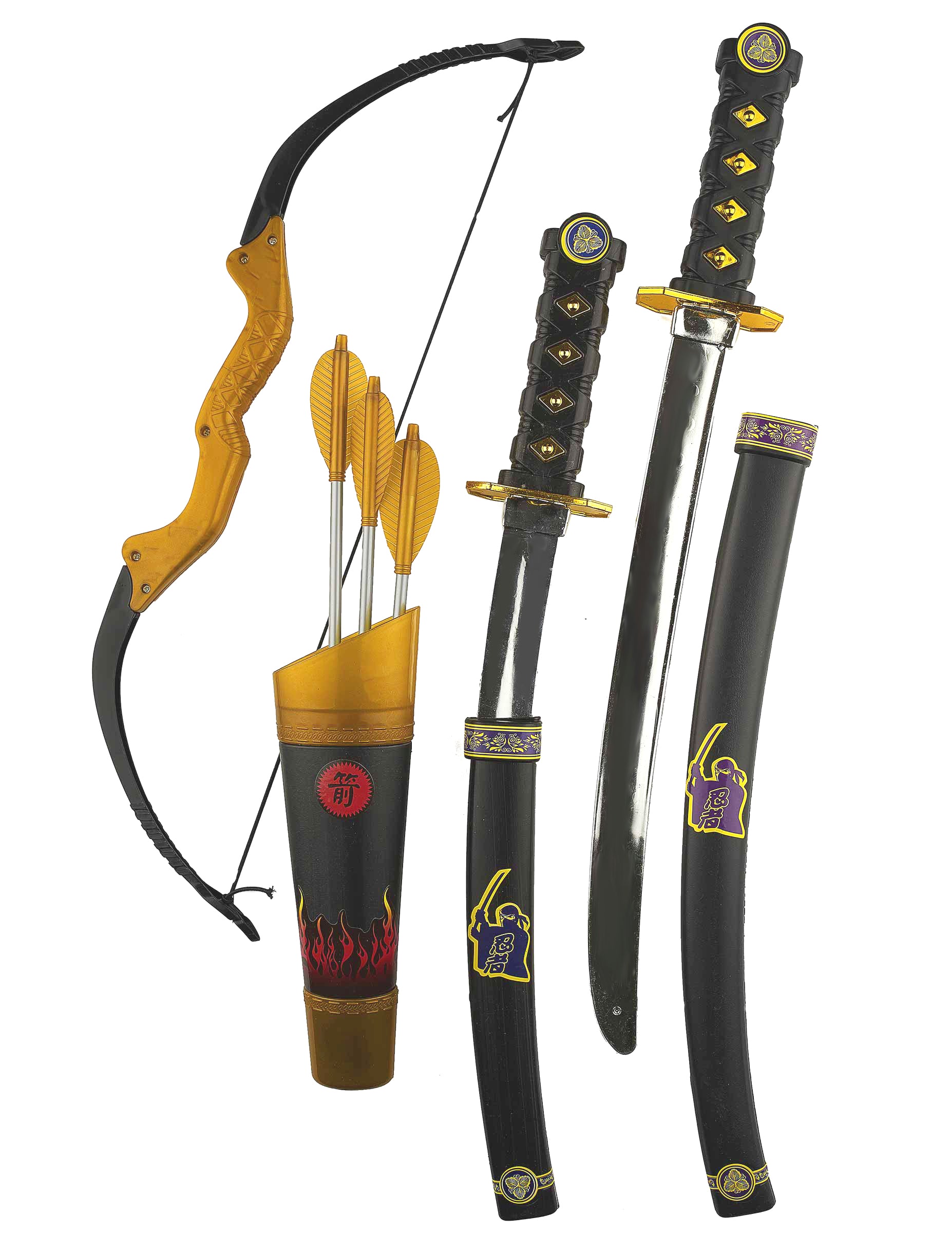 Kit accessoires armes et arc ninja pour enfant noir et doré