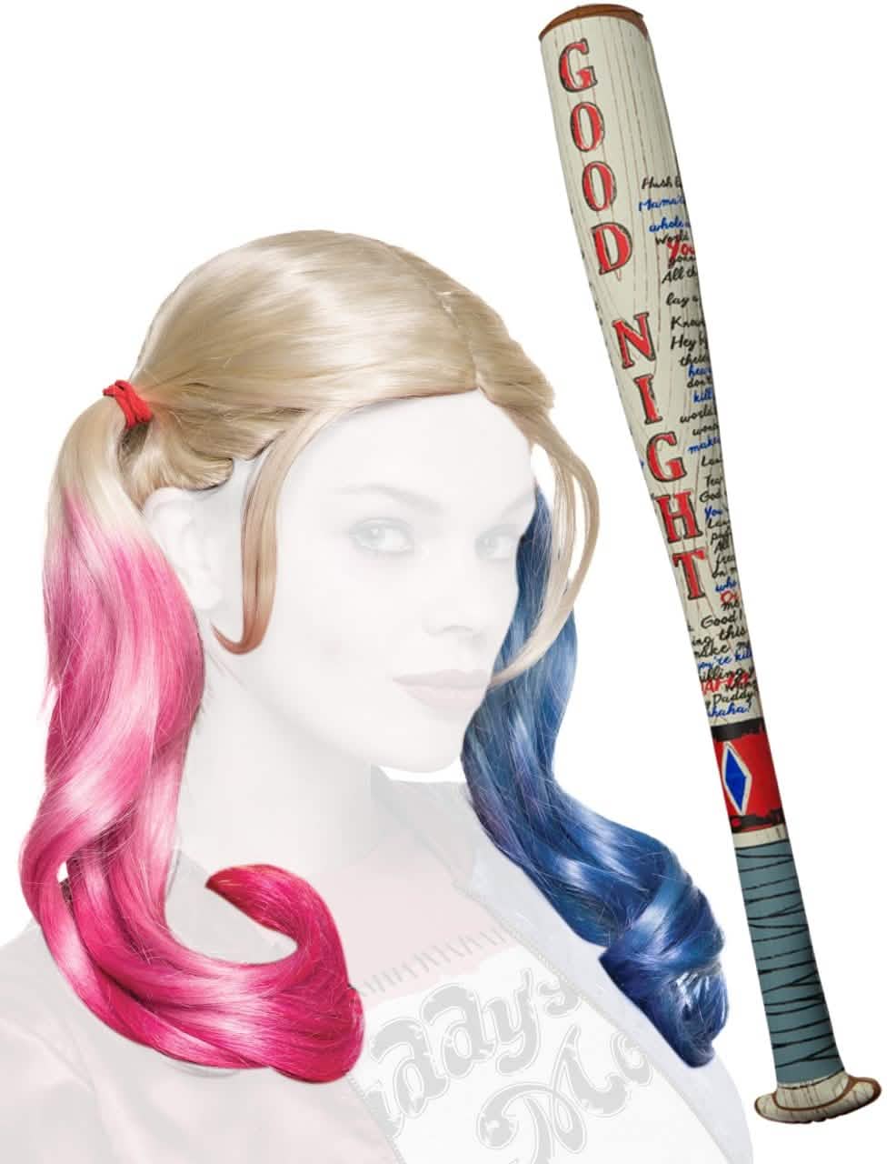 Комплект аксесоари Harley Quinn за блондинка с плитки, розов и син с бейзболна бухалка