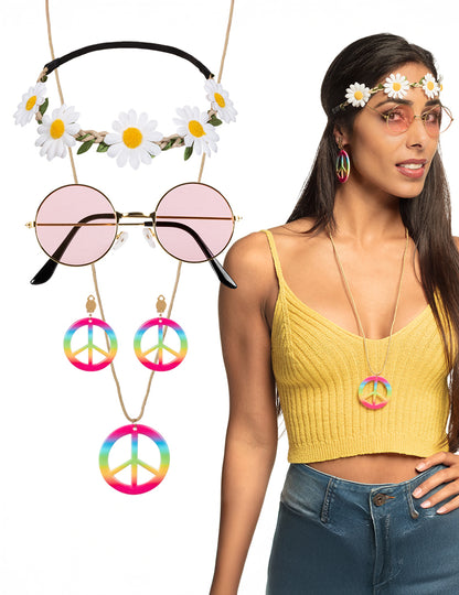 Kit accessoires hippie deluxe pour adulte multicolore avec lunettes roses et fleurs