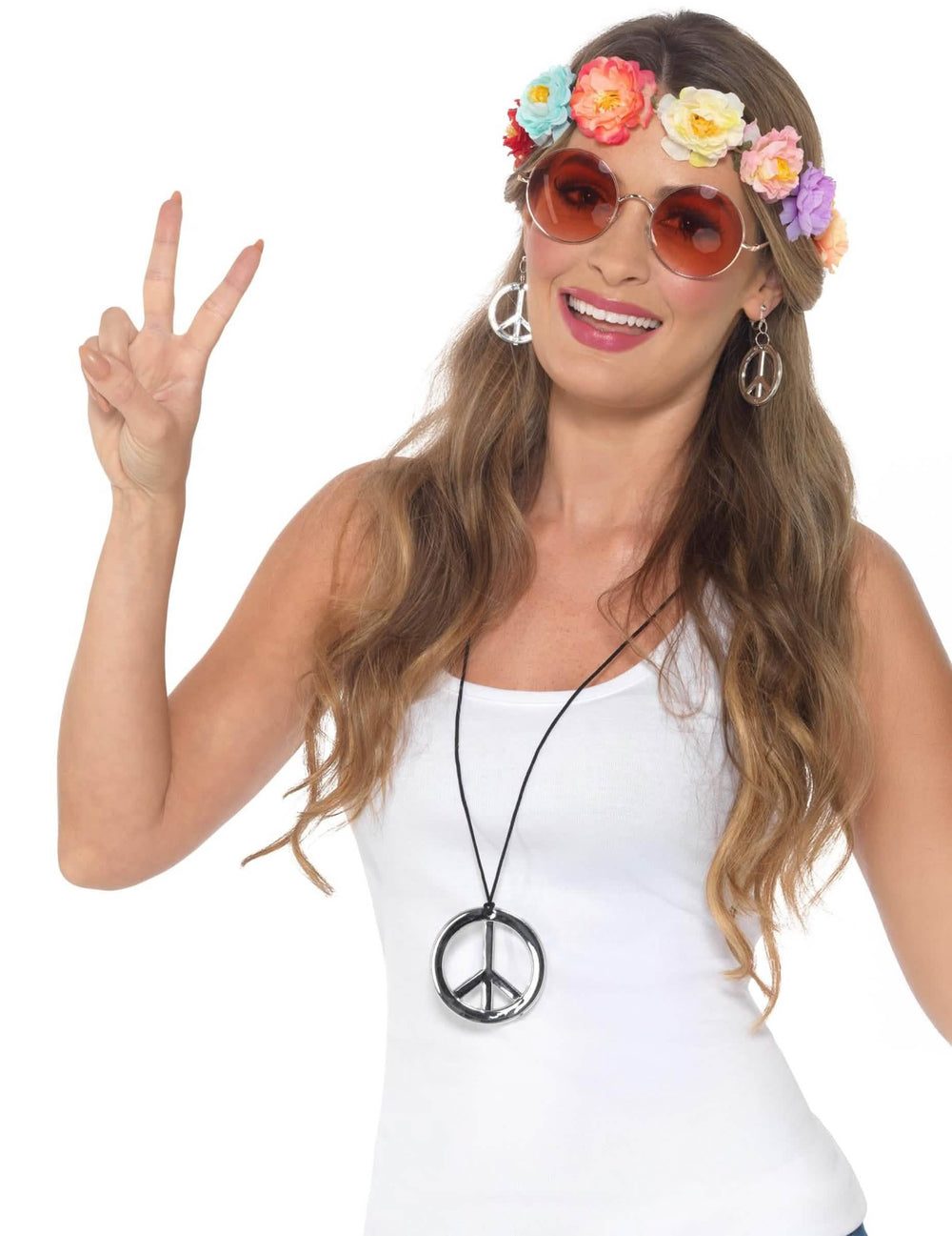 Комплект хипи аксесоари за жена с венец от цветя и сребърни бижута peace and love