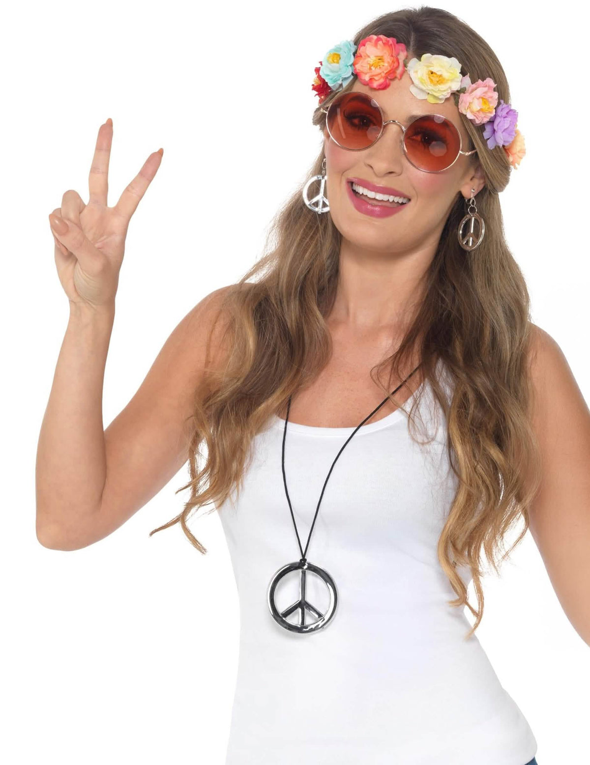 Комплект хипи аксесоари за жена с венец от цветя и сребърни бижута peace and love