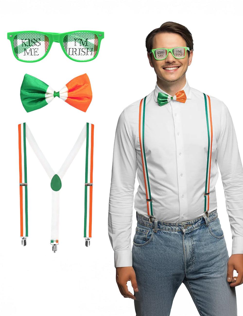 Kit accessoires Irlandais St Patrick pour adulte vert blanc orange avec lunettes noeud papillon et bretelles