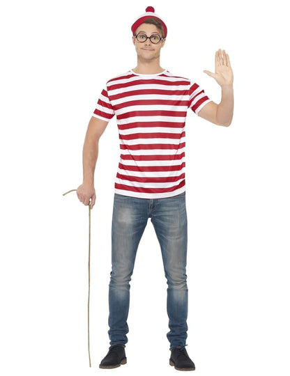 Kit accessoires Où est Charlie™ pour adulte rayé rouge et blanc avec bonnet et lunettes