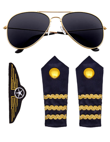 Kit accessoires pilote de ligne pour adulte avec lunettes aviateur et épaulettes bleu marine et or