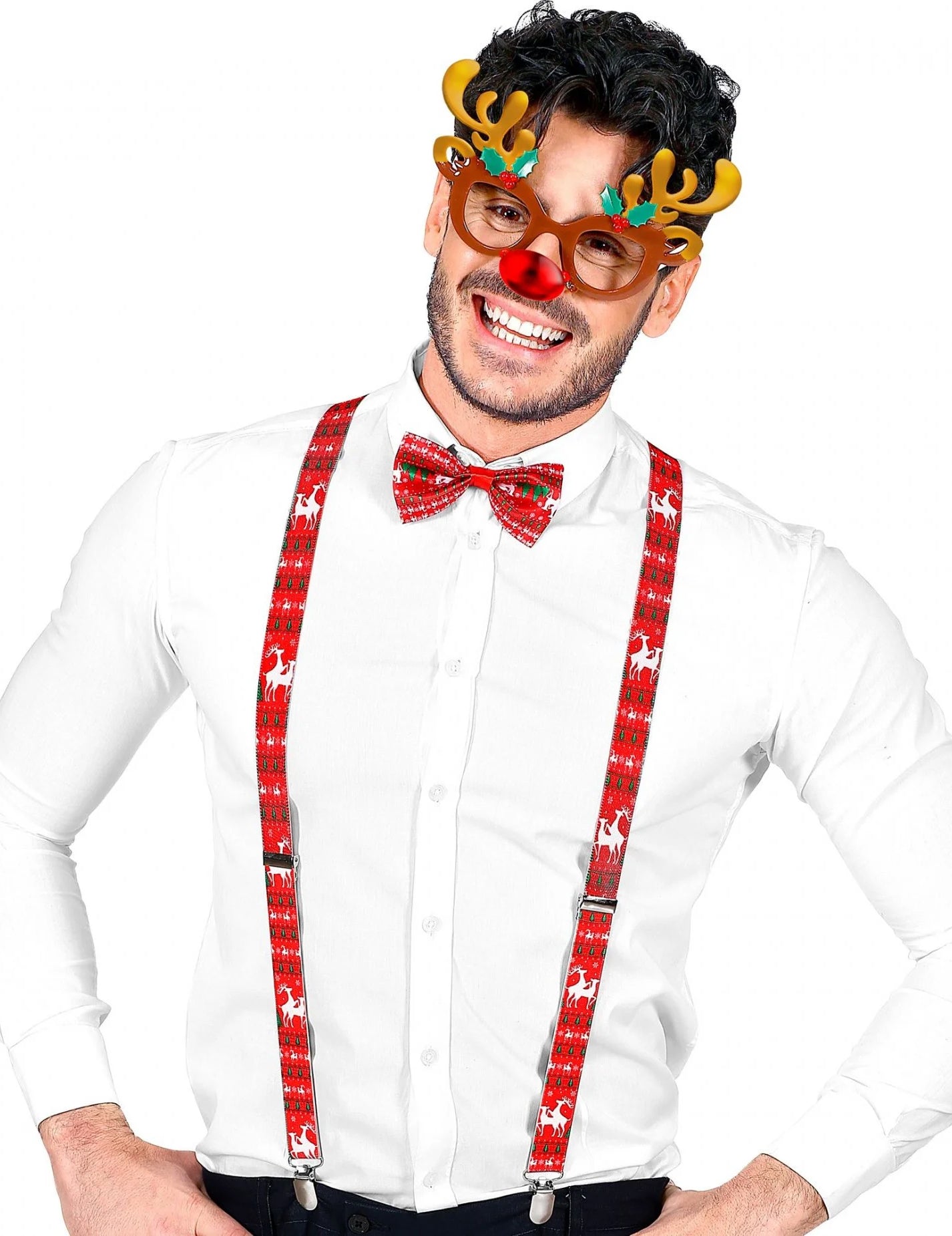 Kit accessoires renne de Noël pour adulte rouge avec lunettes nœud papillon et bretelles
