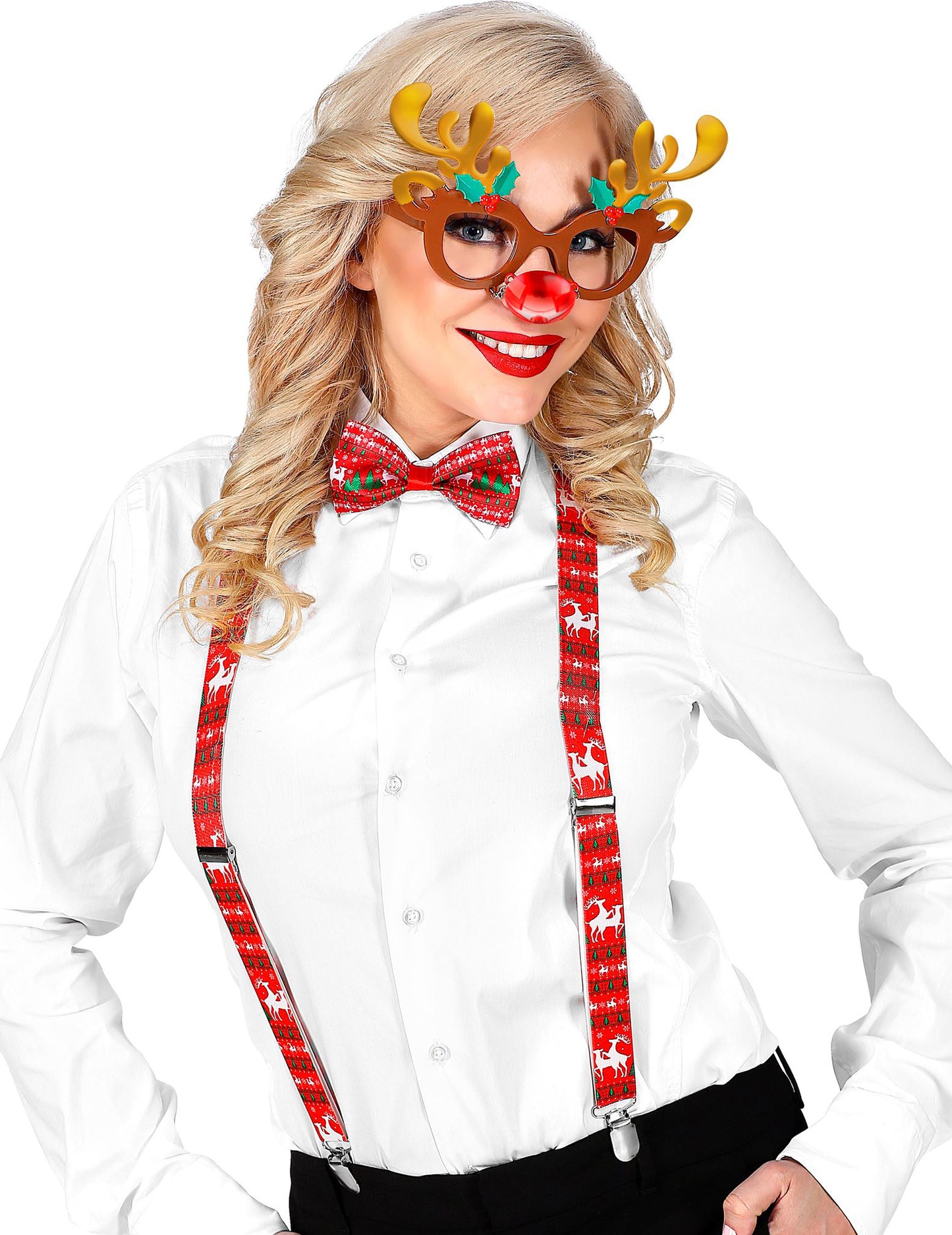 Détail du nœud papillon et des lunettes du kit accessoires renne de Noël pour adulte
