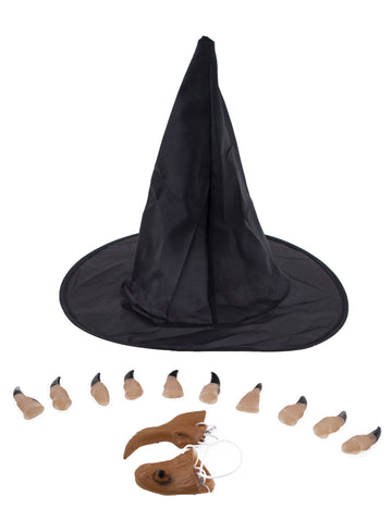 Kit accessoires sorcière pour femme noir avec chapeau faux doigts et nez crochu
