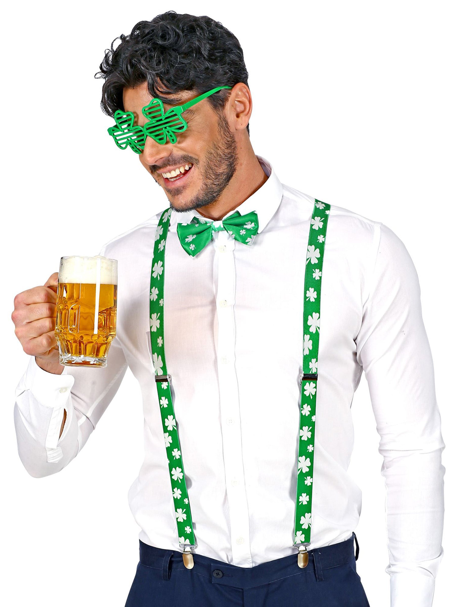 Kit accessoires trèfles Saint Patrick pour adulte vert et blanc avec lunettes bretelles et noeud papillon