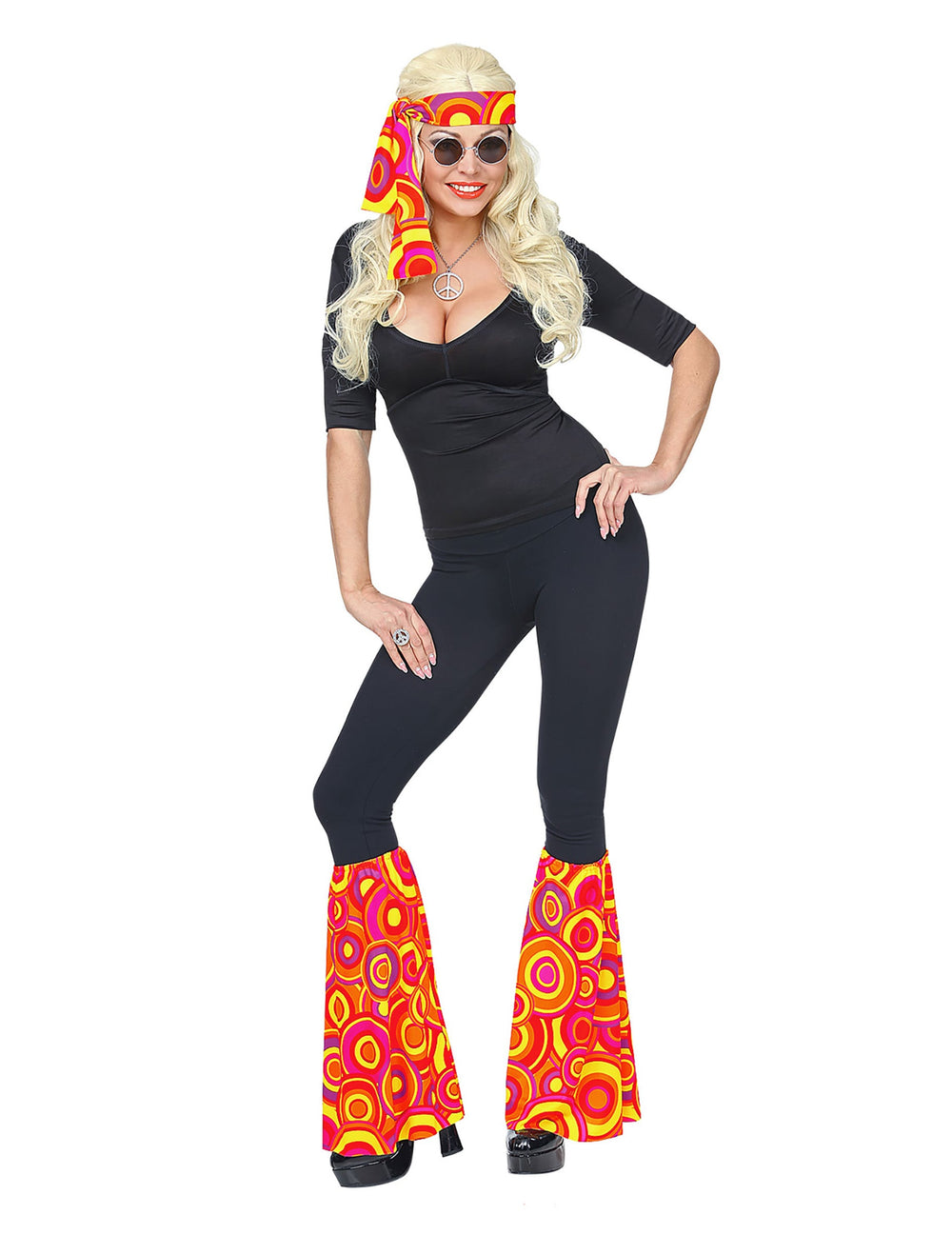 Vue de face portée du kit bandeau et jambières années 70 orange bubbles