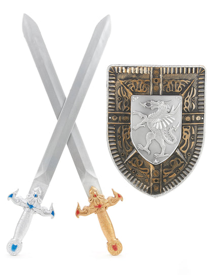 Kit bouclier et 2 épées en plastique pour Enfant argenté et doré avec dragon