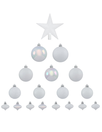 Vue d'ensemble du contenu du kit décorations de sapin blanc pour fête