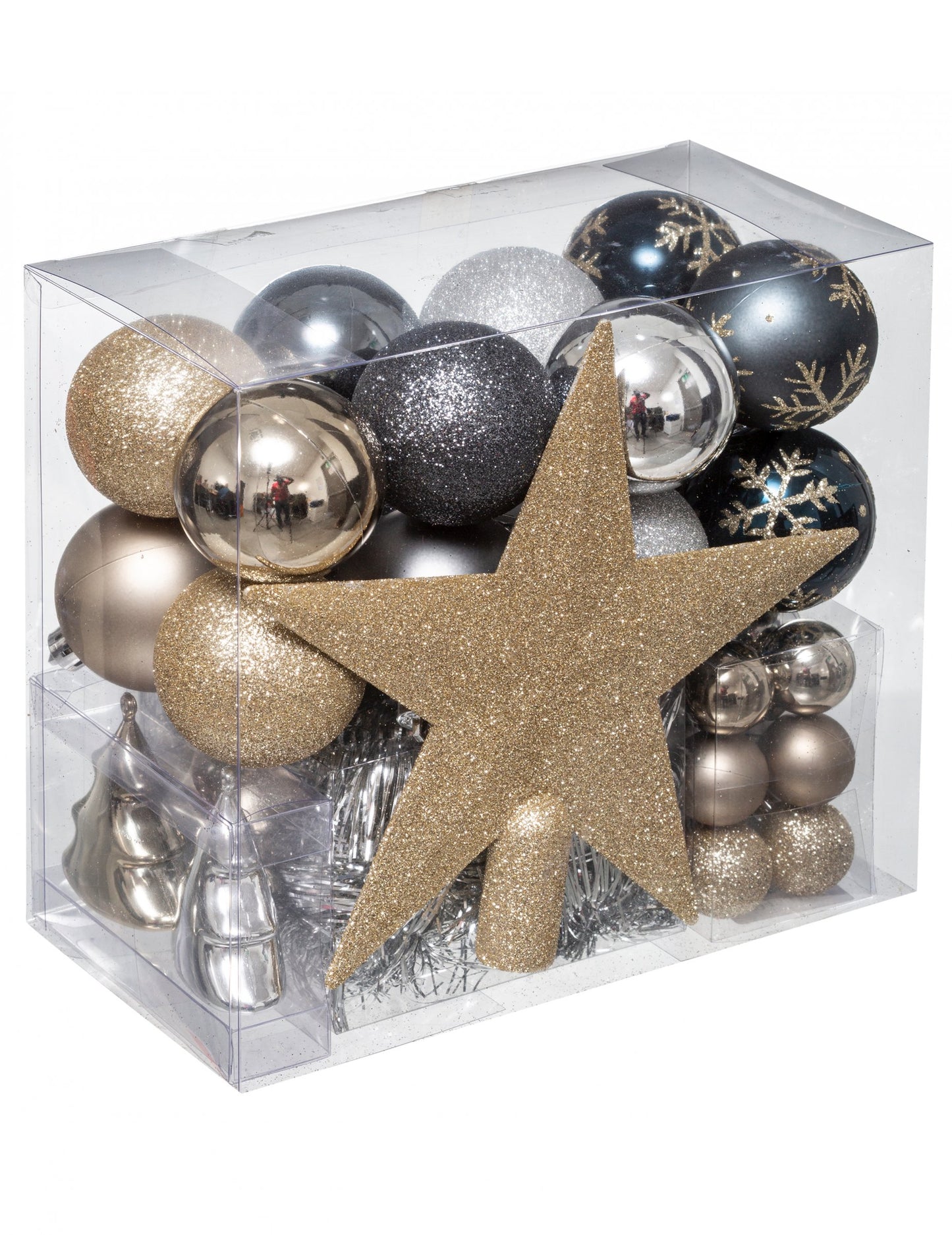 Комплект за украса на коледна елха от 44 части в златисто и сребърно, включително топки и връх за елха