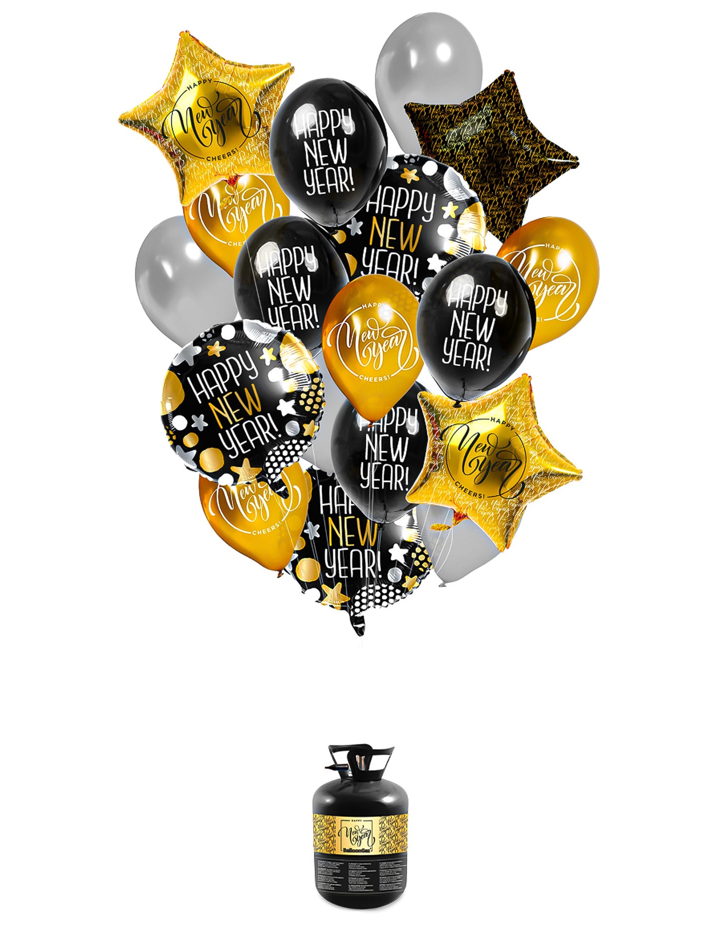 Kit bouquet de ballons avec hélium Happy New Year pour décoration noir, or et argent
