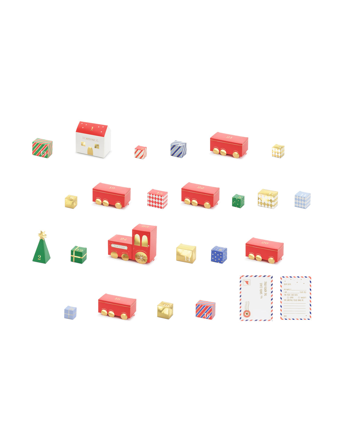 Détail des boîtes et accessoires du kit calendrier de l'avent diy train de Noël