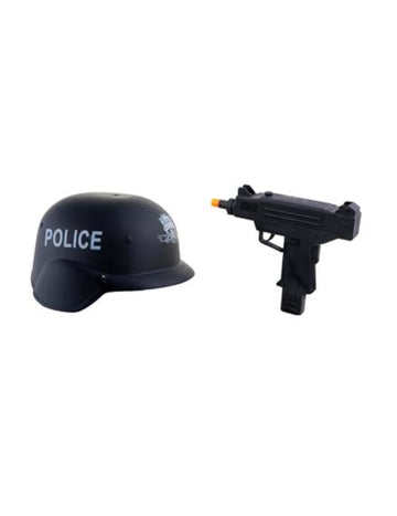 Kit casque et mitraillette de police noir en plastique