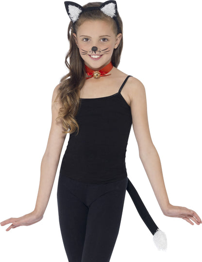 Kit chat noir pour enfant avec oreilles queue à bout blanc et collier rouge