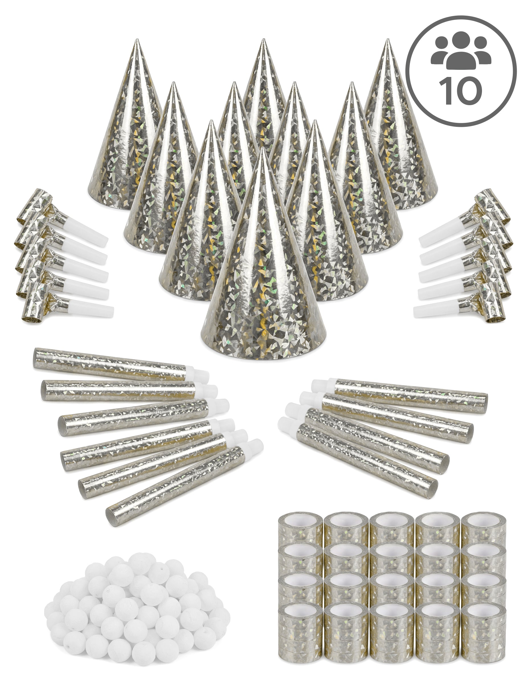Kit cotillons argentés pour 10 personnes argenté et blanc