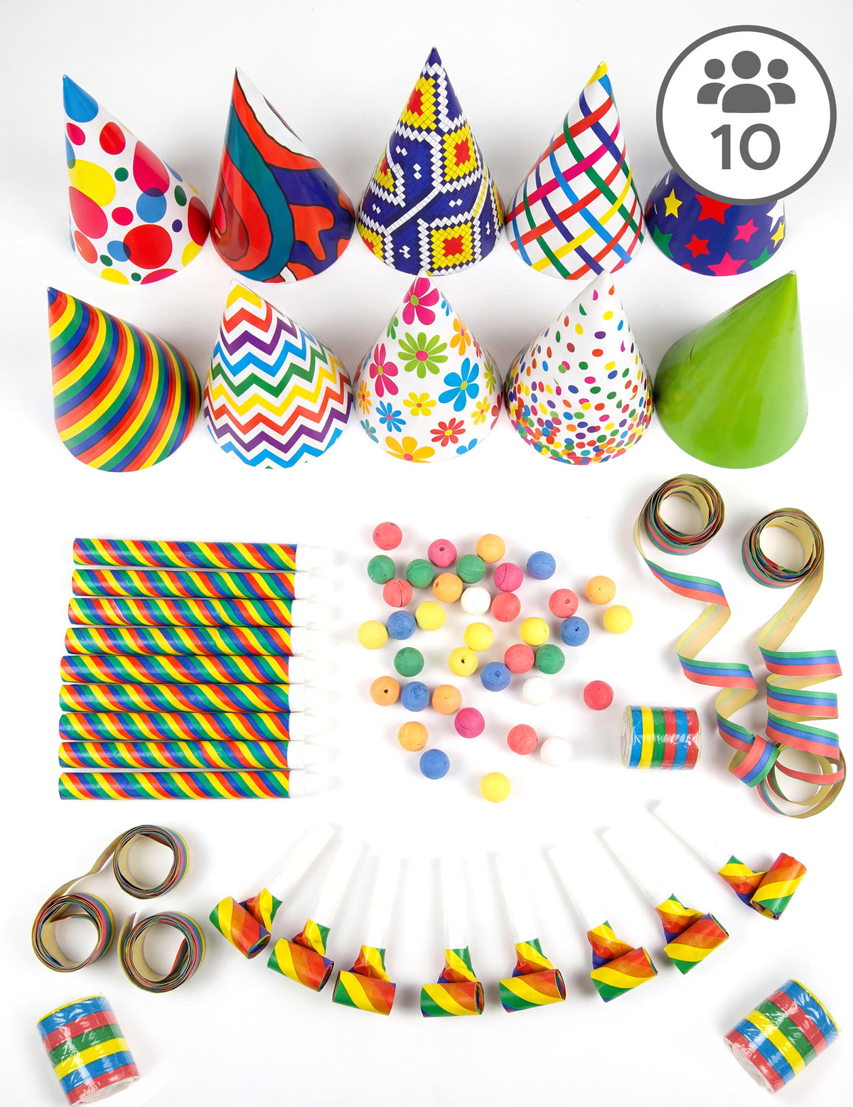 Kit cotillons multicolores pour 10 personnes avec chapeaux et sans-gênes assortis