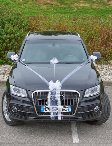 Kit de décoration voiture mariage blanc avec tulle et nœuds