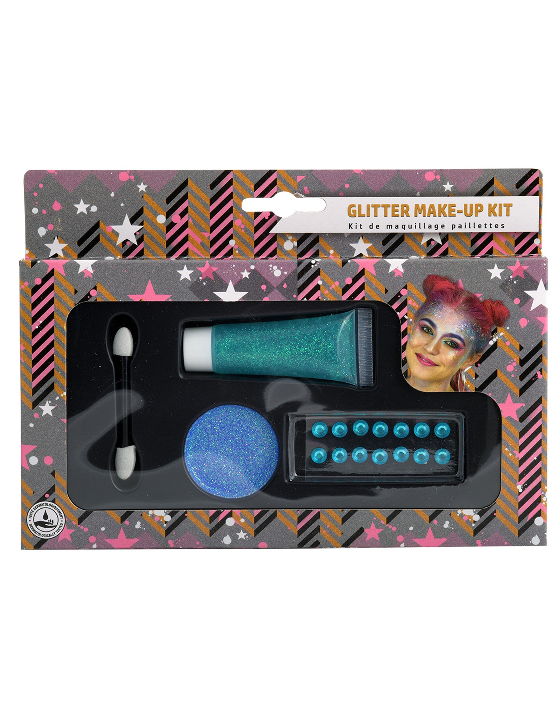 Kit de maquillage pailleté pour adulte bleu avec strass et applicateur