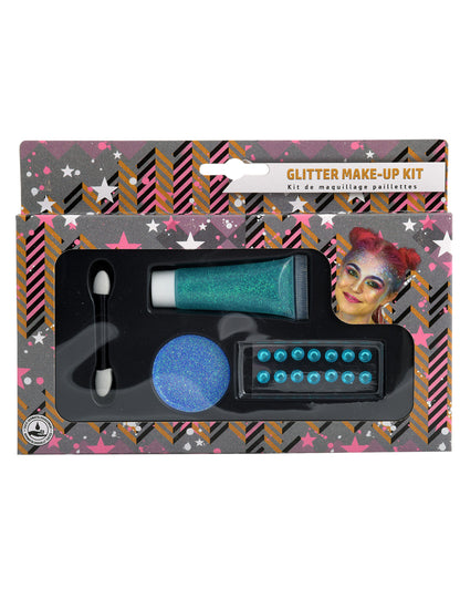 Kit de maquillage pailleté pour adulte bleu avec strass et applicateur