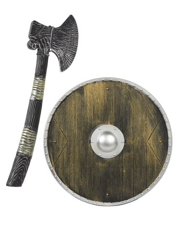 Kit de viking pour enfant en plastique avec hache et bouclier marron et gris