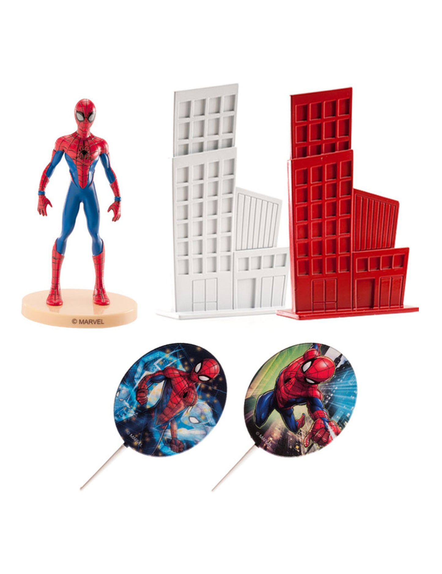 Комплект за декорация на торта Spiderman с фигурка и декоративни сгради в червено и синьо