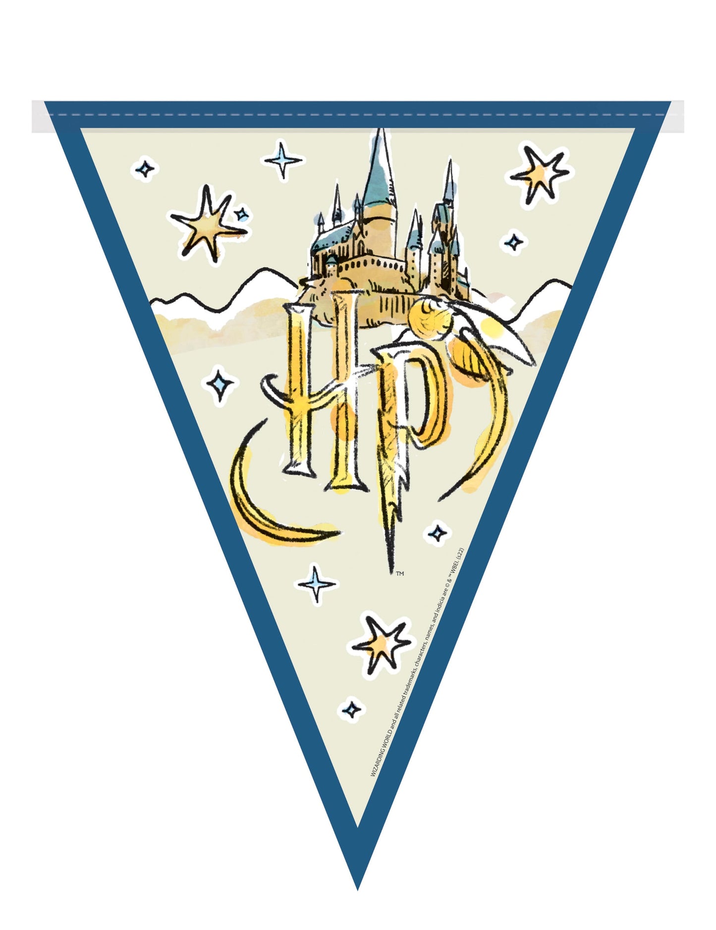 Fanion illustré avec le château de Poudlard et logo HP du Kit décorations 7 pièces Harry Potter