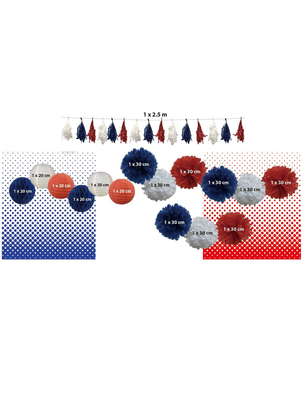 Kit décorations France pour supporter bleu blanc rouge avec lampions et pompons