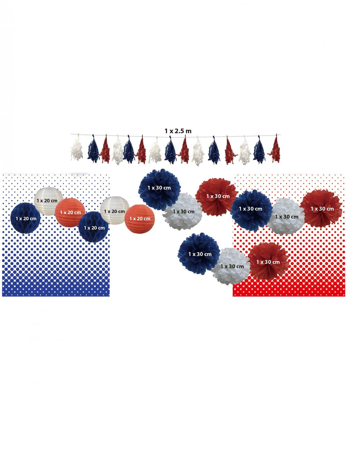 Kit décorations France pour supporter bleu blanc rouge avec lampions et pompons