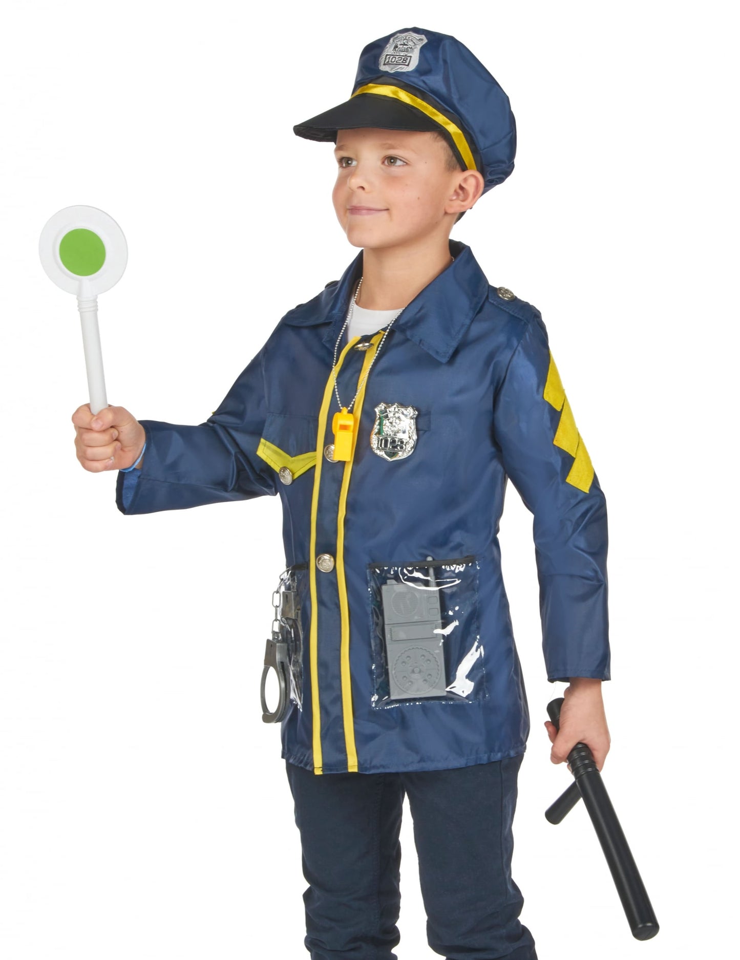 Vue de profil du kit déguisement et accessoires de policier pour enfant