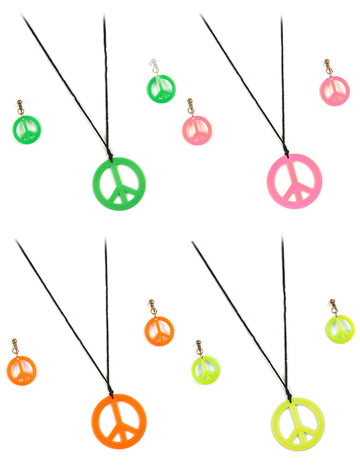 Kit hippie pour adulte multicolore néon avec collier et boucles d'oreilles peace and love