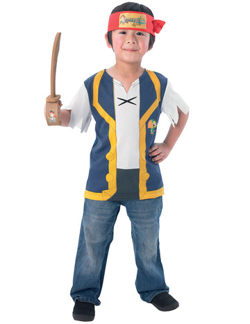 Комплект за преобличане на Джейк пират за деца в синьо и жълто с червена кърпа и меч