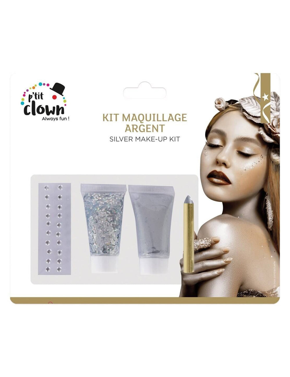 Kit maquillage à paillettes argent pour adulte argenté avec strass et tubes de gel
