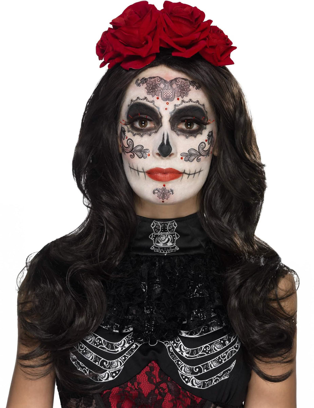 Гламурен комплект грим с изкуствени мигли и бижута Dia de los muertos за жена с червени рози и черни мотиви