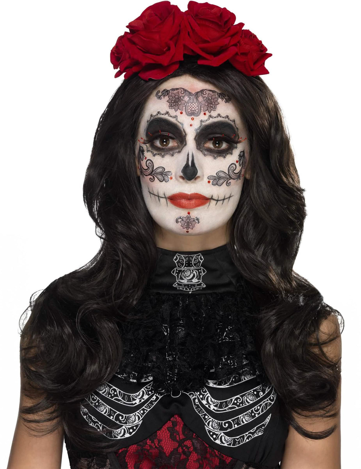 Гламурен комплект грим с изкуствени мигли и бижута Dia de los muertos за жена с червени рози и черни мотиви