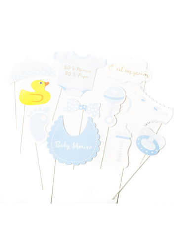 Kit photobooth baby shower pour garçon bleu et blanc 11 pièces sur tiges