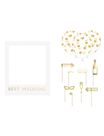 Kit photobooth de mariage pour invités blanc et or avec cadre et ballons